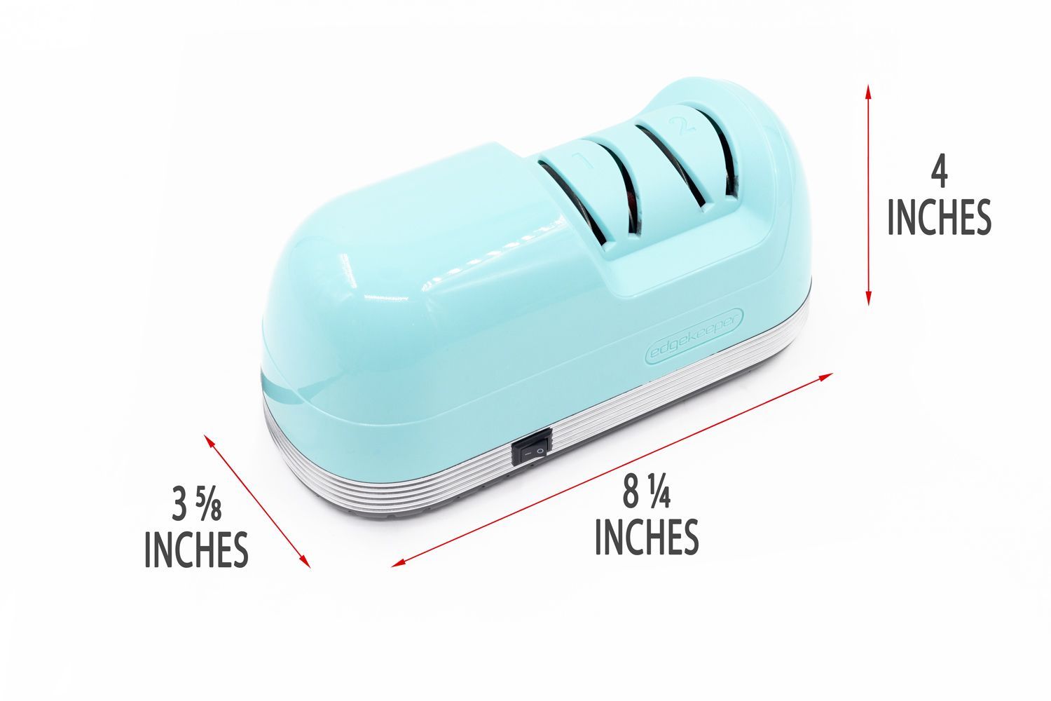 The EdgeKeeper sharpener with arrows and figures indicating its measurements at 8 1/4 inches, 3 5/8 inches, and 3 5/8 inches