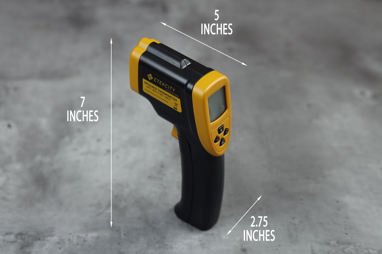 The dimensions of the Etekcity Lasergrip 800. The length is 5 inches, the width is 2.75 inches, and the height is 7 inches.