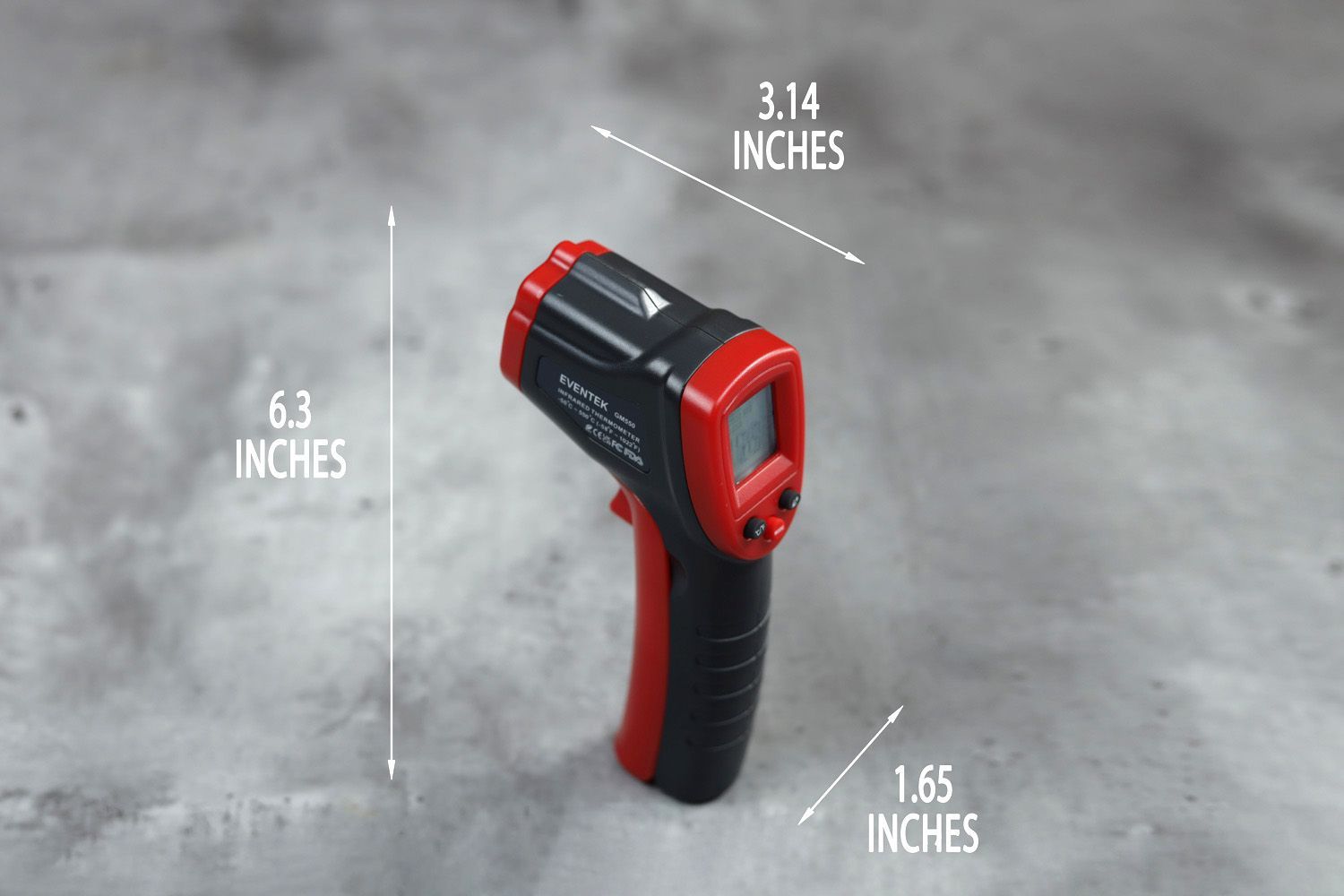 The dimensions of the Eventek ET312. The length is 3.14 inches, the width is 1.65 inches, and the height is 6.3 inches.