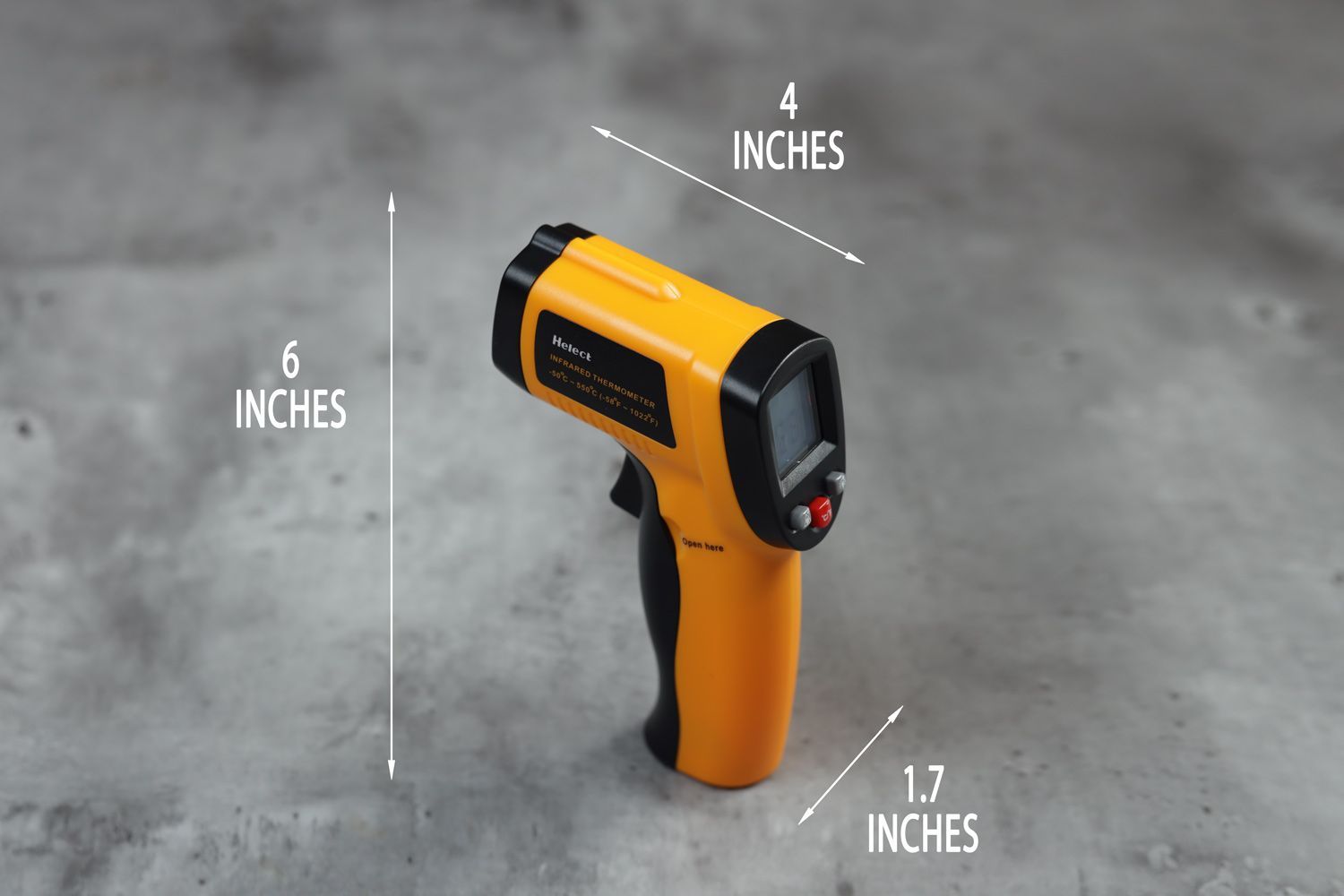 The dimensions of the Helect IR thermometer. The length is 4 inches, width is 1.7 inches, and height is 6 inches.