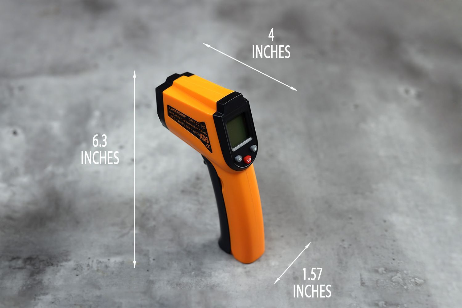 The dimensions of the Lasergrip GM400 IR thermometer. The length is 4 inches, the width is 1.57 inches, and the height is 6.3 inches.