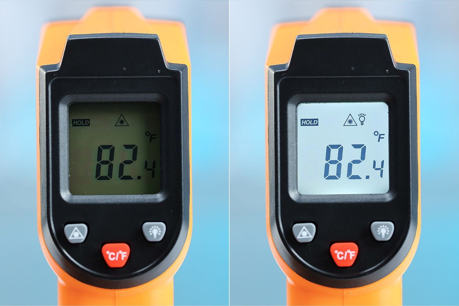 The Lasergrip GM400 IR thermometer’s display with the backlight off (left) and on (right).