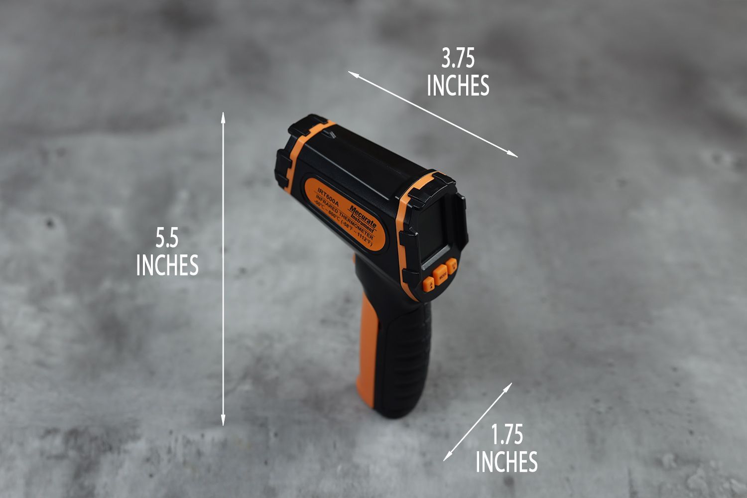 The dimensions of the Mecurate IRT600A. The height is 5.5 inches, the length is 3.75 inches, and the width is 1.75 inches.