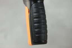 A close-up shot of the textured portion of the back of the Mecurate IR thermometer’s handle.