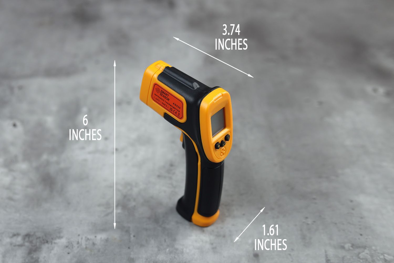 The dimensions of the Smart Sensor AS530. The length is 3.74 inches, the width is 1.61 inches, and the height is 6 inches.