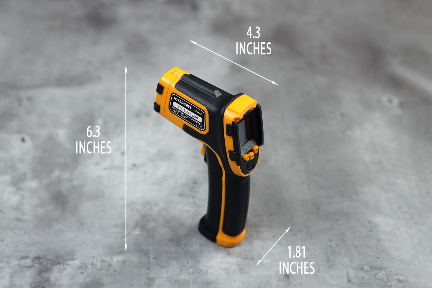 The dimensions of the Sovarcate HS960D. The height is 6.3 inches, the length is 4.3 inches, and the width is 1.81 inches.