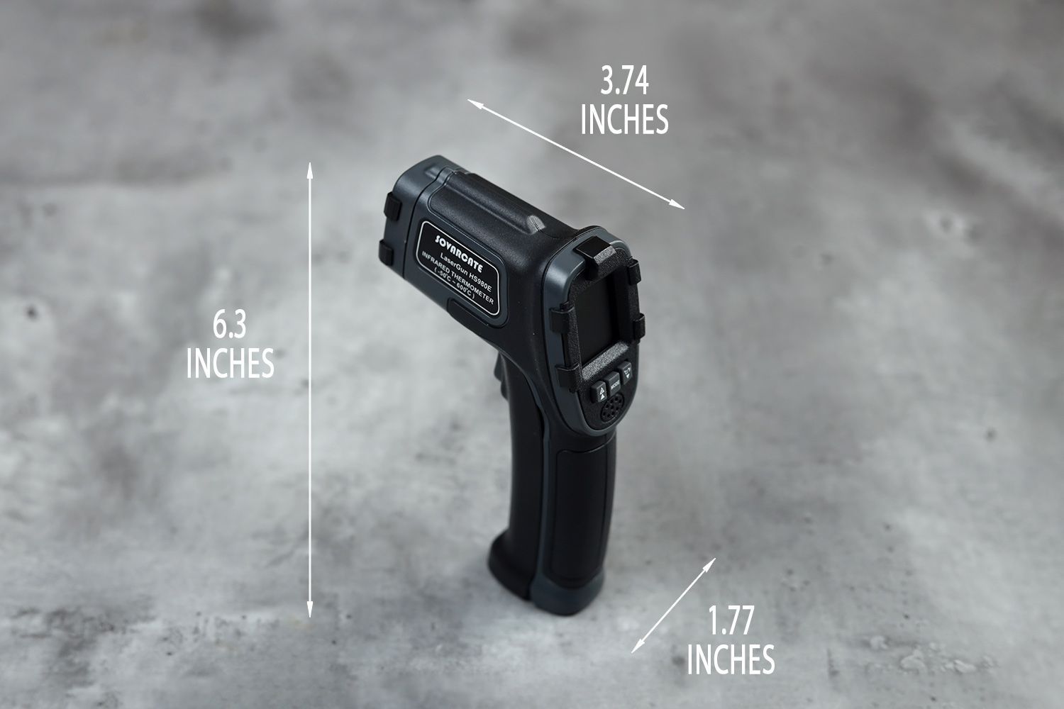 The dimensions of the Sovarcate HS980E. The length is marked as 3.74 inches, the width is 1.77 inches, and the height is 6.3 inches.