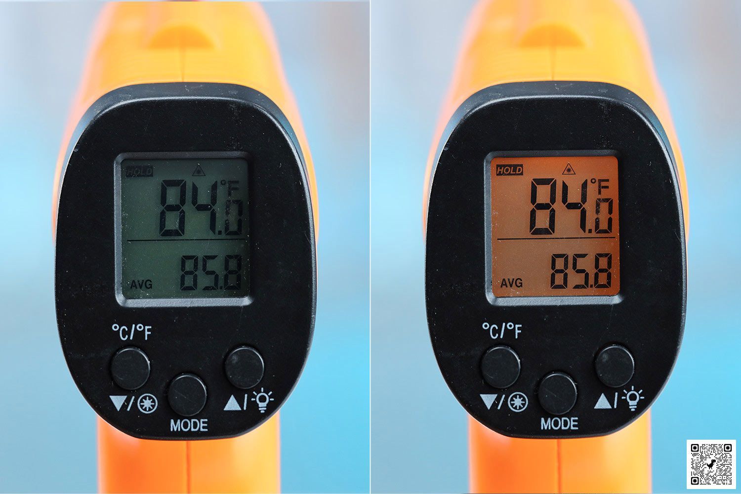 The ThermoPro TP-30 IR thermometer’s display with the backlight off (left) and on (right). The screen reads 84°F.