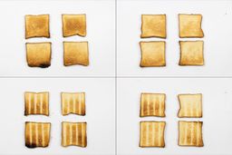 On the left are the top and bottom of four pieces of toast from the first batch, and on the right are from the second batch.