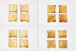 On the left are the top and bottom of four pieces of toast from the first batch, and on the right are from the second batch.