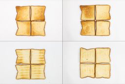 On the left are the top and bottom of four pieces of toast from the first batch, and on the right are from the second batch.