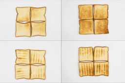 On the left are the top and bottom of four pieces of toast from the first batch, and on the right are from the second batch.