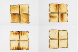 On the left are the top and bottom of four pieces of toast from the first batch, and on the right are from the second batch.