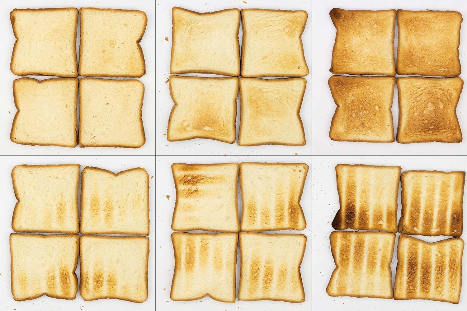 From left to right, 24 pieces of toast for the top and bottom of three toast levels including lighter, medium, and darker.