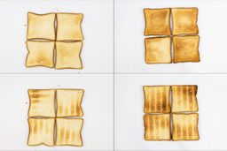 On the left are the top and bottom of four pieces of toast from the first batch, and on the right are from the second batch.