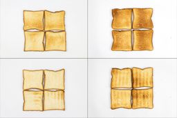 On the left are the top and bottom of four pieces of toast from the first batch, and on the right are from the second batch.