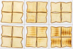 From left to right, 24 pieces of toast for the top and bottom of three toast levels including lighter, medium, and darker.