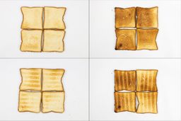 On the left are the top and bottom of four pieces of toast from the first batch, and on the right are from the second batch.