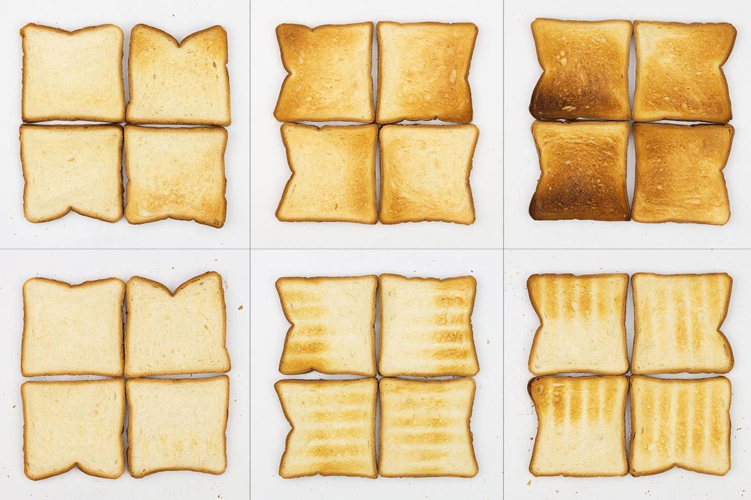 From left to right, 24 pieces of toast for the top and bottom of three toast levels including lighter, medium, and darker.