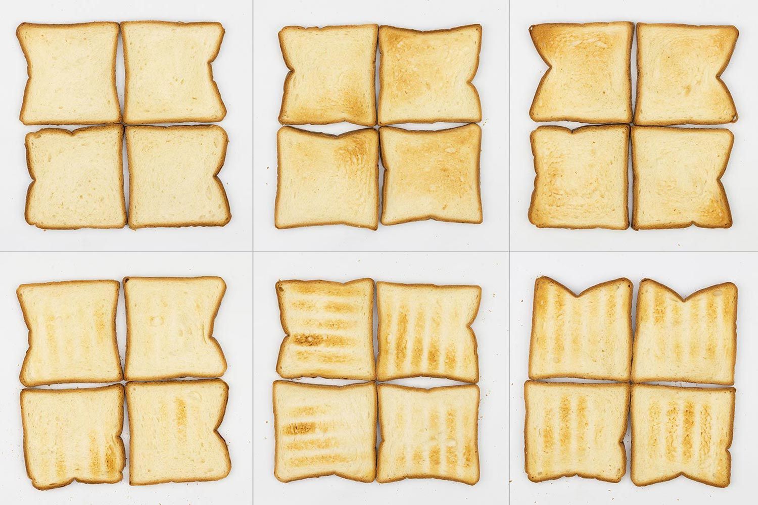 From left to right, 24 pieces of toast for the top and bottom of three toast levels including lighter, medium, and darker.