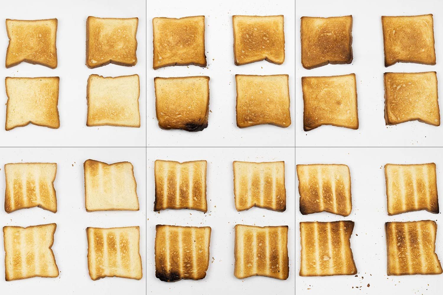 From left to right, 24 pieces of toast for the top and bottom of three toast levels including lighter, medium, and darker.