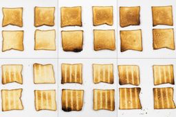 From left to right, 24 pieces of toast for the top and bottom of three toast levels including lighter, medium, and darker.