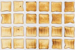 From left to right, 24 pieces of toast for the top and bottom of three toast levels including lighter, medium, and darker.