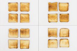 On the left are the top and bottom of four pieces of toast from the first batch, and on the right are from the second batch.