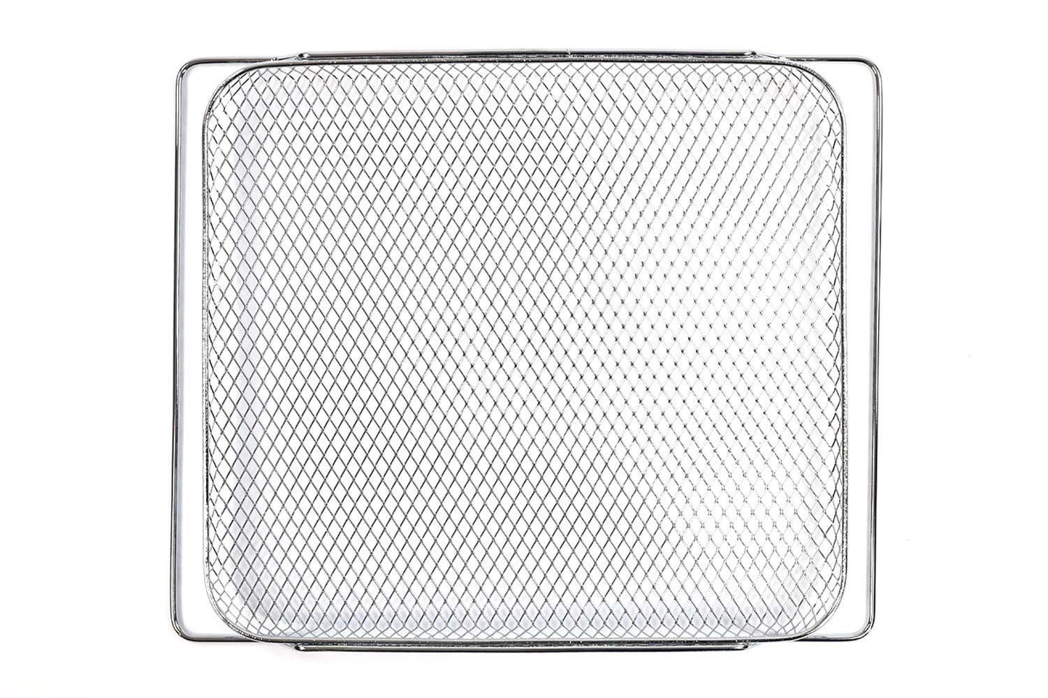 A stainless steel air fryer basket of the Cosori CO130-AO 30L 12-In-1 Dehydrator Toaster Oven on a white background.