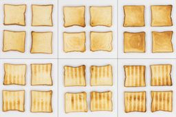 From left to right, 24 pieces of toast for the top and bottom of three toast levels including lighter, medium, and darker.