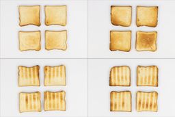 On the left are the top and bottom of four pieces of toast from the first batch, and on the right are from the second batch.