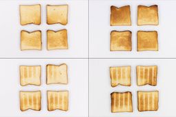 On the left are the top and bottom of four pieces of toast from the first batch, and on the right are from the second batch.