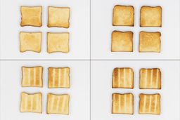 On the left are the top and bottom of four pieces of toast from the first batch, and on the right are from the second batch.