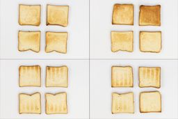 On the left are the top and bottom of four pieces of toast from the first batch, and on the right are from the second batch.