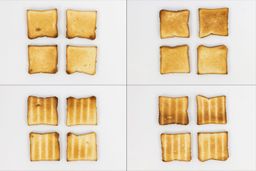 On the left are four pieces of toast from the first batch, and on the right are from the second batch. On the upper row are the top sides, and on the lower row are the bottom sides.