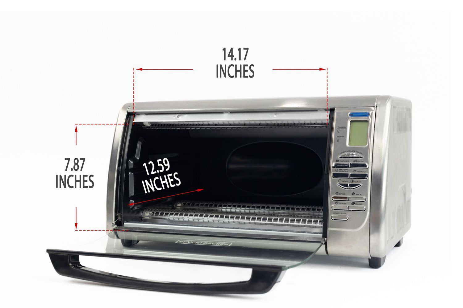 An opened front of the BLACK+DECKER CTO6335S Convection Toaster Oven with interior measurements on a white background.