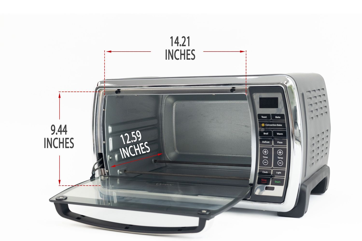 An opened front of the Oster TSSTTVMNDG-SHP-2 Large Convection Toaster Oven with interior measurements on a white background.