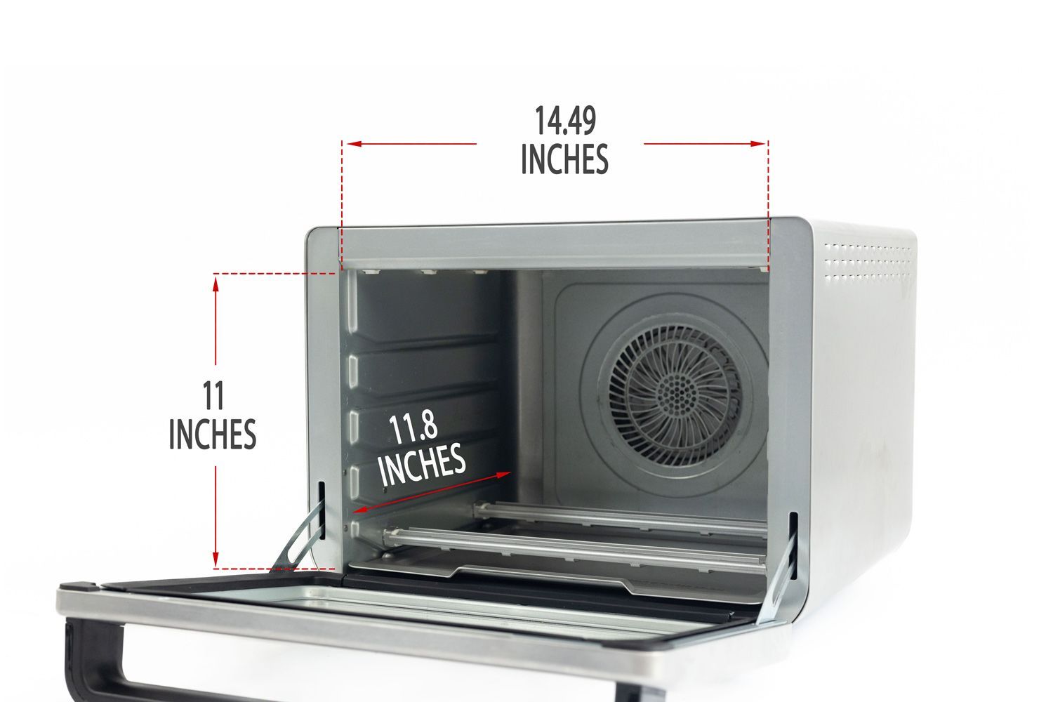 An opened front of the Ninja DT201 Foodi XL Pro Air Convection Toaster Oven with interior measurements on a white background.