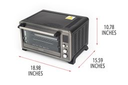 A closed front of the Toshiba AC25CEW-BS Convection Toaster Oven with exterior measurements on a white background.