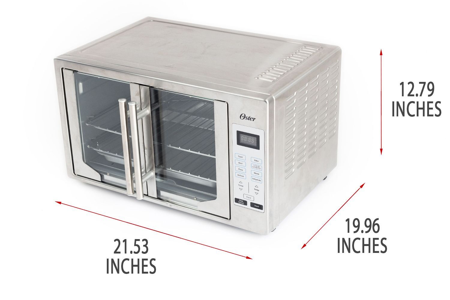 An closed front of the Oster TSSTTVFDDG XL Digital French Door Convection Toaster Oven on a white background. The exterior is 16.75 inches long, 21.53 inches wide, and 12.79 inches high.