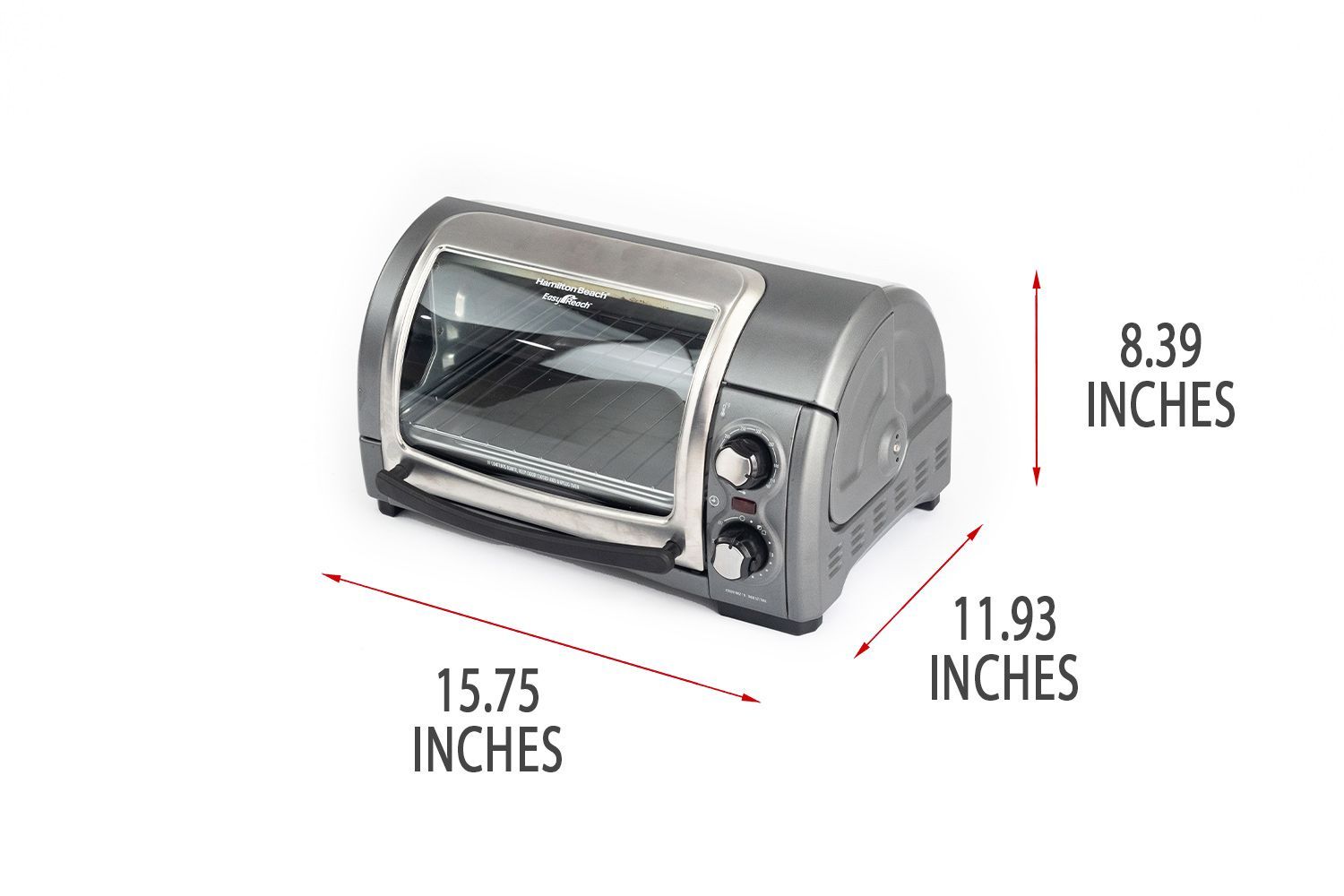 A closed front of the Hamilton Beach 31344DA 4-Slice Roll Top Toaster Oven with exterior measurements on a white background.