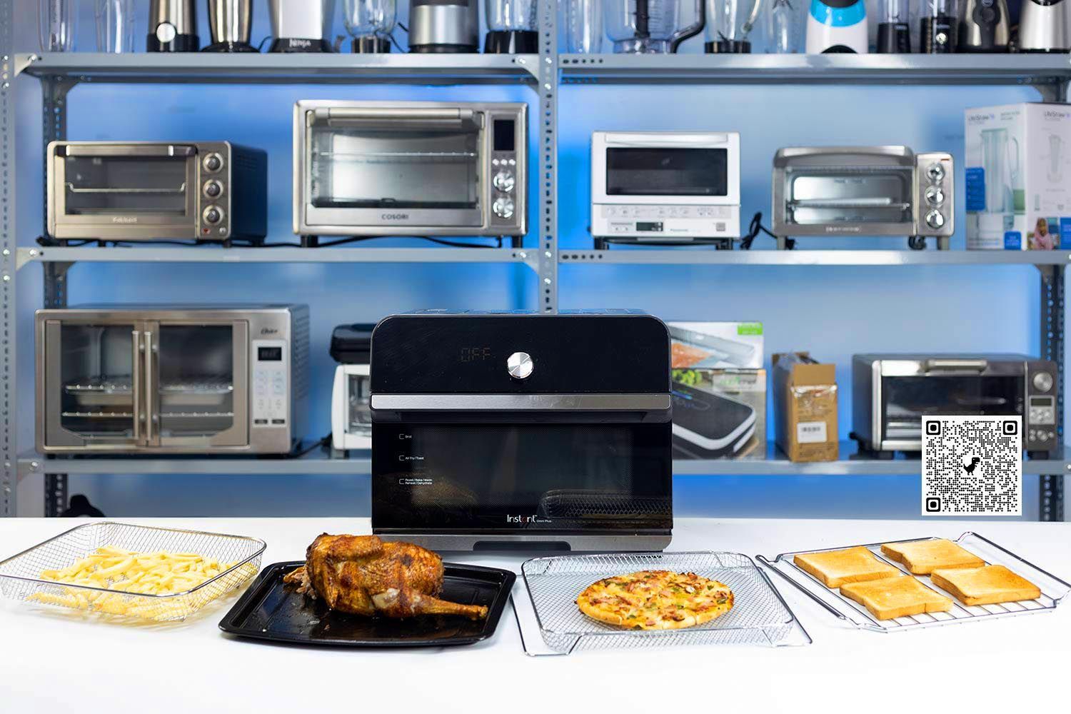 The front of a closed stainless steel Instant Omni Plus 18L 10-in-1 Countertop Convection Air Fryer Toaster Oven.