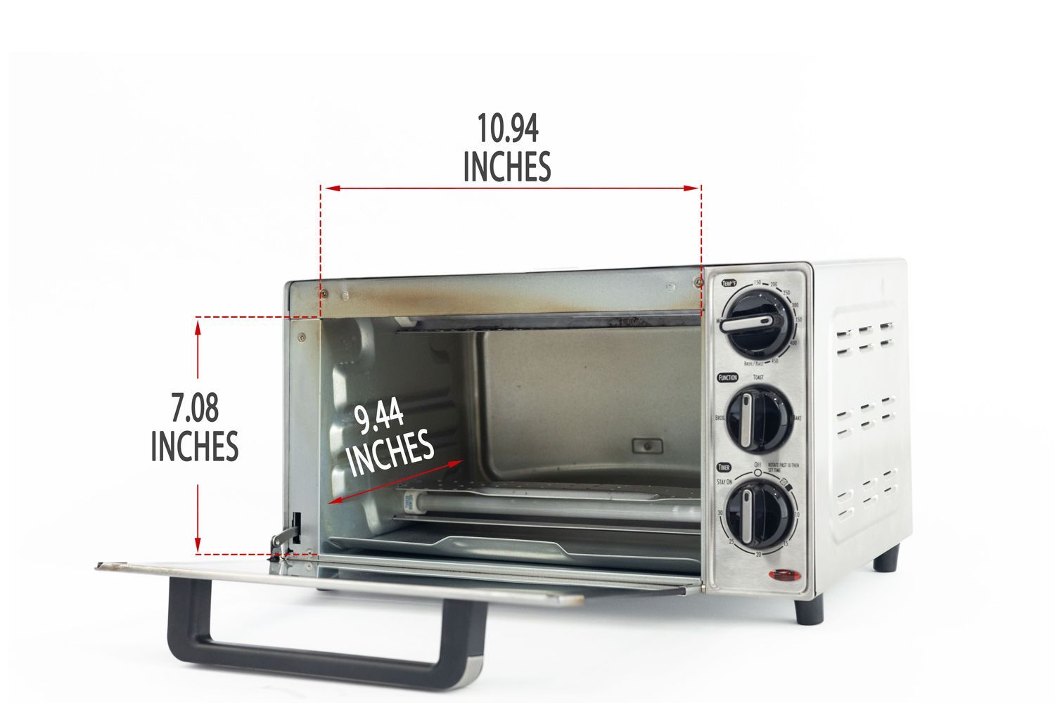 An opened front of the Hamilton Beach 31401 4-Slice Countertop Toaster Oven with interior measurements on a white background.