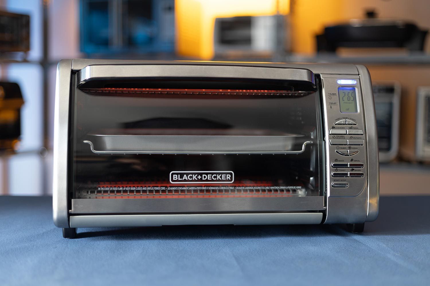 The front of a closed stainless steel Black+Decker CTO6335S Countertop Convection Toaster Oven on a white background.