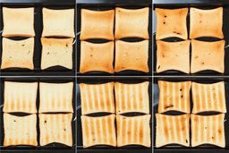 From left to right, the top and bottom of 4 slices of toast showcasing 3 darkness levels 4,5,6 of Breville BOV900BSS Smart Oven Air Fryer Pro.