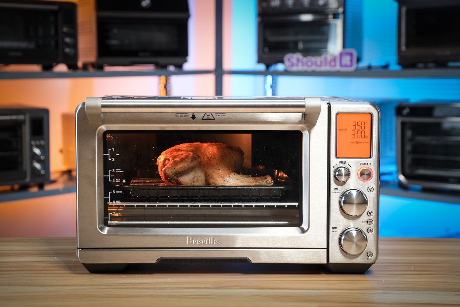 A 3-lb whole chicken roasted at 350°F using the baking pan and broiler combo inside the Breville BOV900BSS Smart Oven Air Fryer Pro.