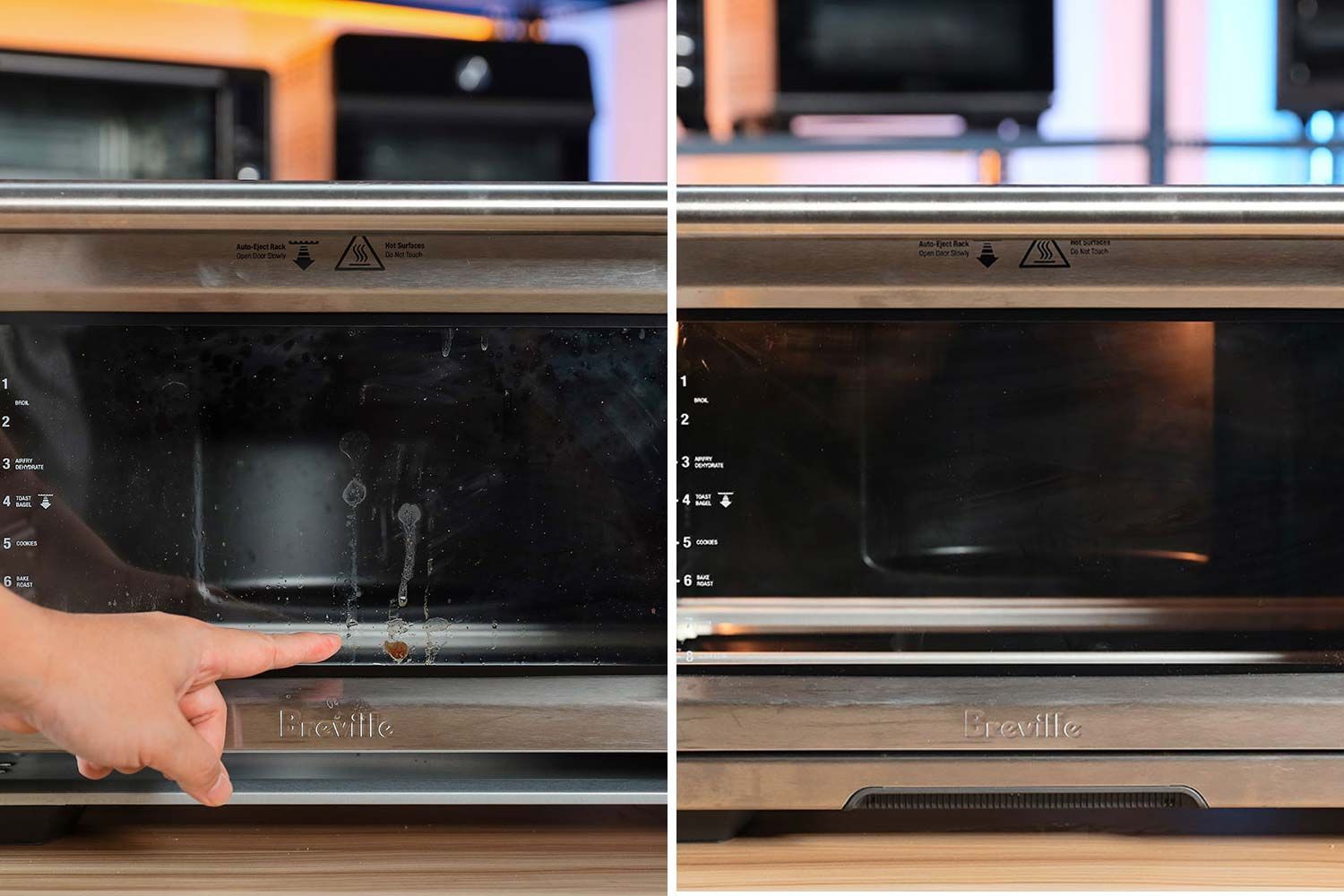 Before and after cleaning the glass door of the Breville BOV900BSS Smart Oven Air Fryer.