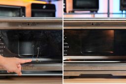 Before and after cleaning the glass door of the Breville BOV900BSS Smart Oven Air Fryer.