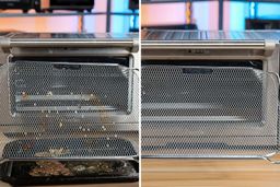 Before and after cleaning the air-fryer basket of the Breville BOV900BSS