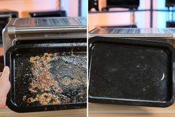 Before and after cleaning the baking pan of the Breville BOV900BSS
